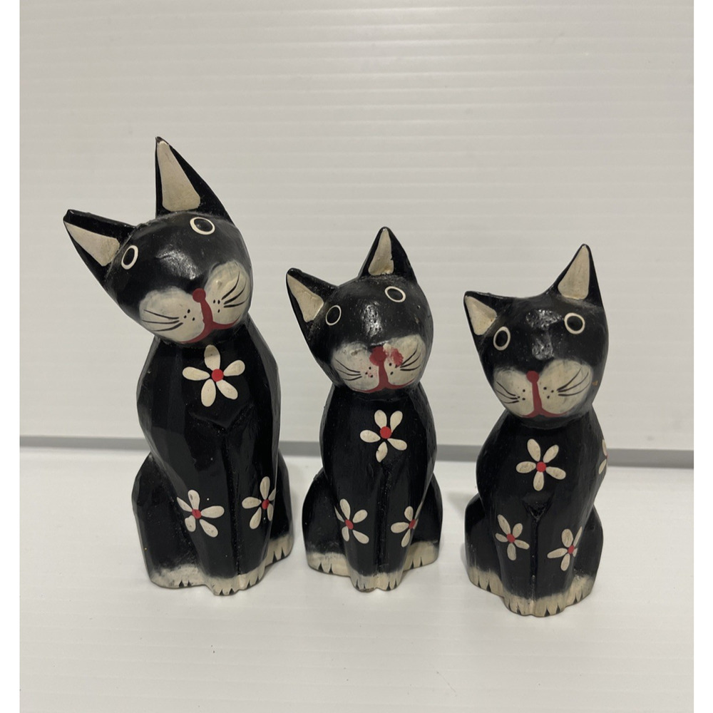 Hand Painted Wood Cat Figurine Set Of 3 Black White Floral Playful Boho Kitties